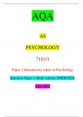 AQA AS PSYCHOLOGY 7181/1 Paper 1 Introductory topics in Psychology Question Paper + Mark scheme [MERGED] June 2022 *JUN227181101* IB/G/Jun22/E10 7181/1 For Examiner’s Use Section Mark A B C TOTAL Time allowed: 1 hour 30 minutes Materials For this paper yo