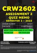 CRW2602 ASSIGNMENT 2 QUIZ MEMO - SEMESTER 2 - 2023 - UNISA - DUE DATE: - 15 SEPTEMBER 2023 (100% PASS - GUARANTEED)