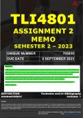TLI4801 ASSIGNMENT 2 MEMO - SEMESTER 2 - 2023 - UNISA - DUE DATE: - 9 SEPTEMBER 2023 (DETAILED MEMO – FULLY REFERENCED – 100% PASS - GUARANTEED)