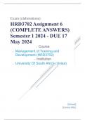  Exam (elaborations) HRD3702 Assignment 6 (COMPLETE ANSWERS) Semester 1 2024 - DUE 17 May 2024 •	Course •	Management of Training and Development (HRD3702) •	Institution •	University Of South Africa (Unisa) •	Book •	Managing Training and Development HRD370