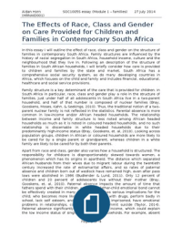The Effects of Race, Class and Gender on Care Provided for Children and Families in Contemporary South Africa