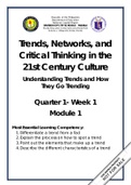 Exam (elaborations) AP 1234 Trends, Networks, and  Critical Thinking in the  21st Century Culture Republic of the Philippines Department of Education National Capital Region DIVISION OF CITY SCHOOLS – MANILA Manila Education Center Arroceros Forest Park A